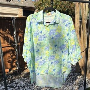 Blue and Green Casual Button Down Shirt Vibrant Floral Design